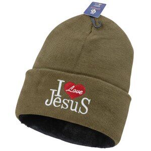 "I Love Jesus" Warm Fleece-Lined Winter Hat, Light Brown
